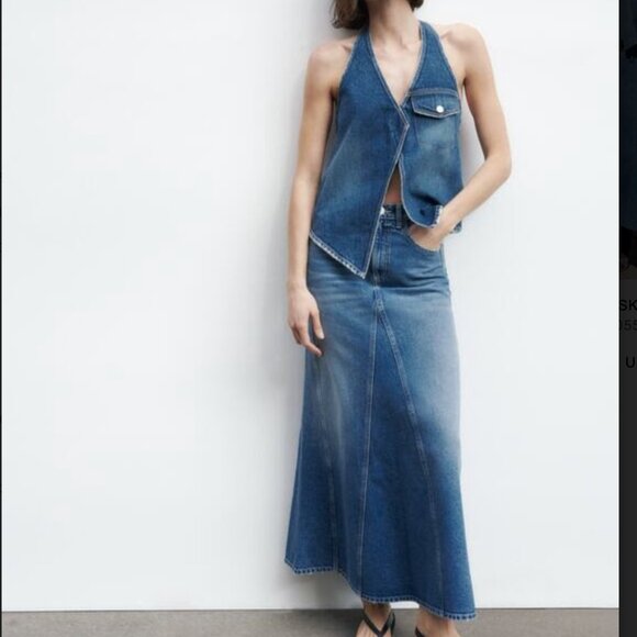 Zara DENIM SKIRT TRF BLUE 0/4365/091-maxi-medium wash-size S-NWT